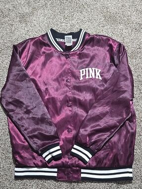 0PINK Victoria's Secret Satin Plum Bomber Jacket with Striped Trim